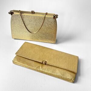 50s 60s Gold Evening Bag Purse 2-Pc Lot VTG Clutch Metallic Chain Handle MCM